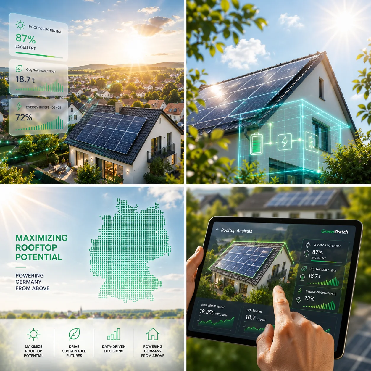 Collage mit Rooftop-Potenzial, Hausansichten und GreenSketch-Analyse auf einem Tablet