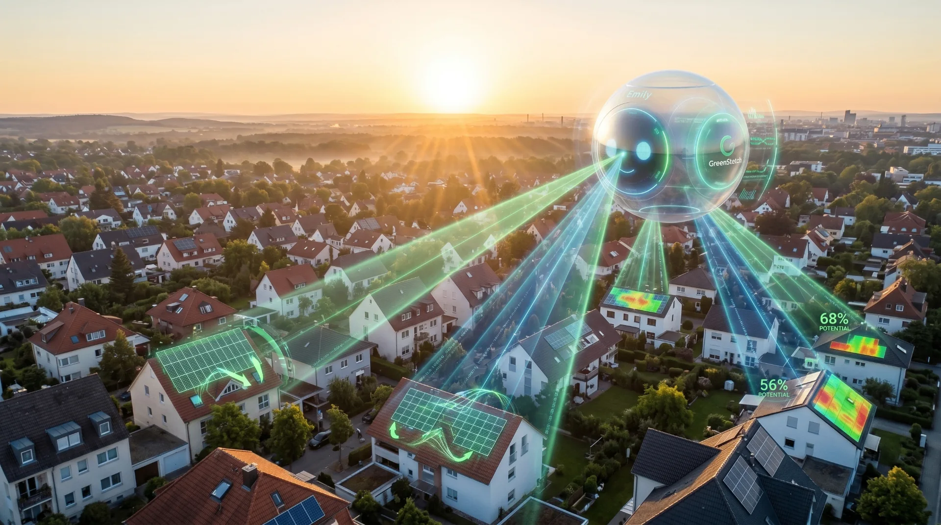 KI analysiert eine Nachbarschaft mit visualisierten Dachpotenzialen