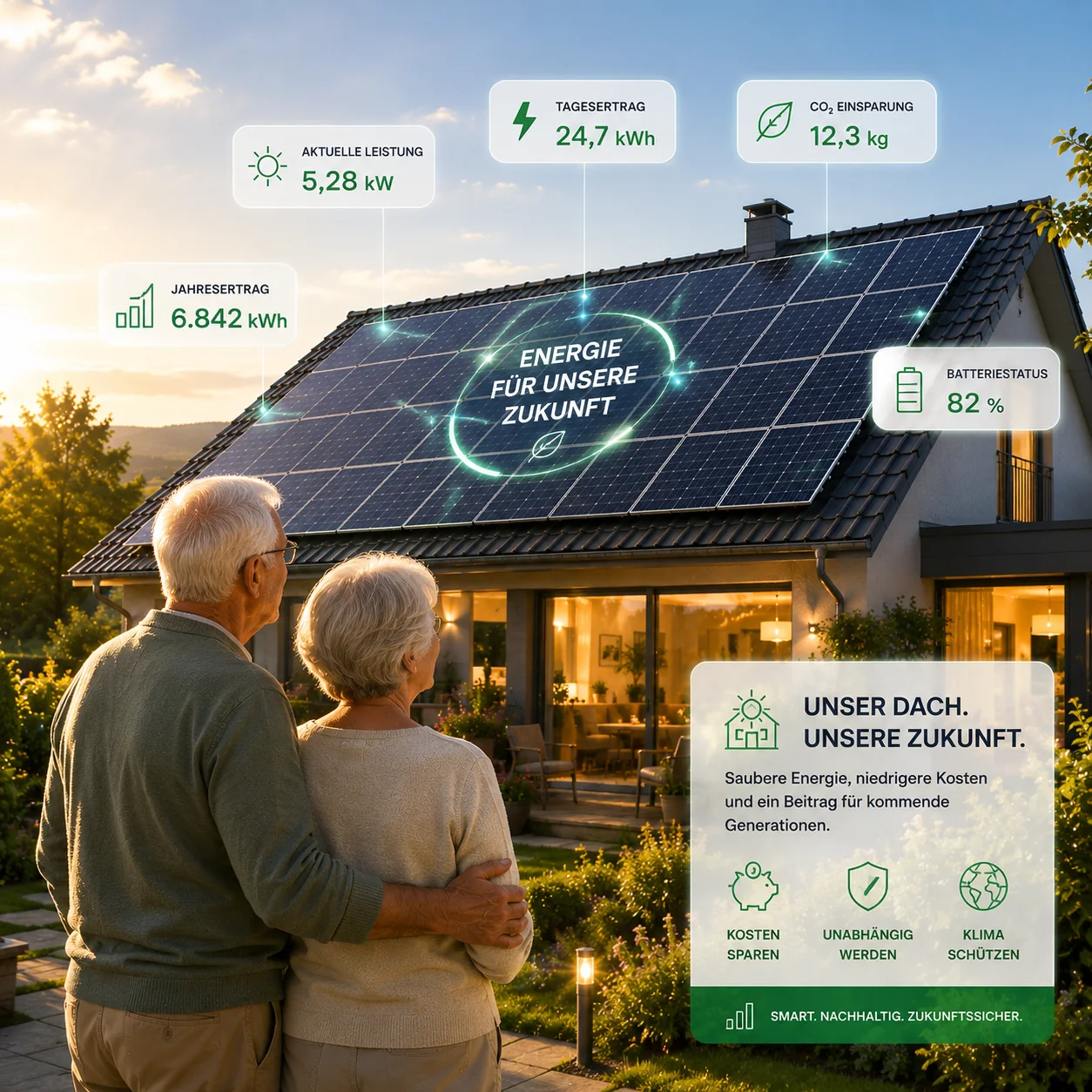 Hausbesitzer betrachten ein solaroptimiertes Zuhause mit GreenSketch-Datenansicht