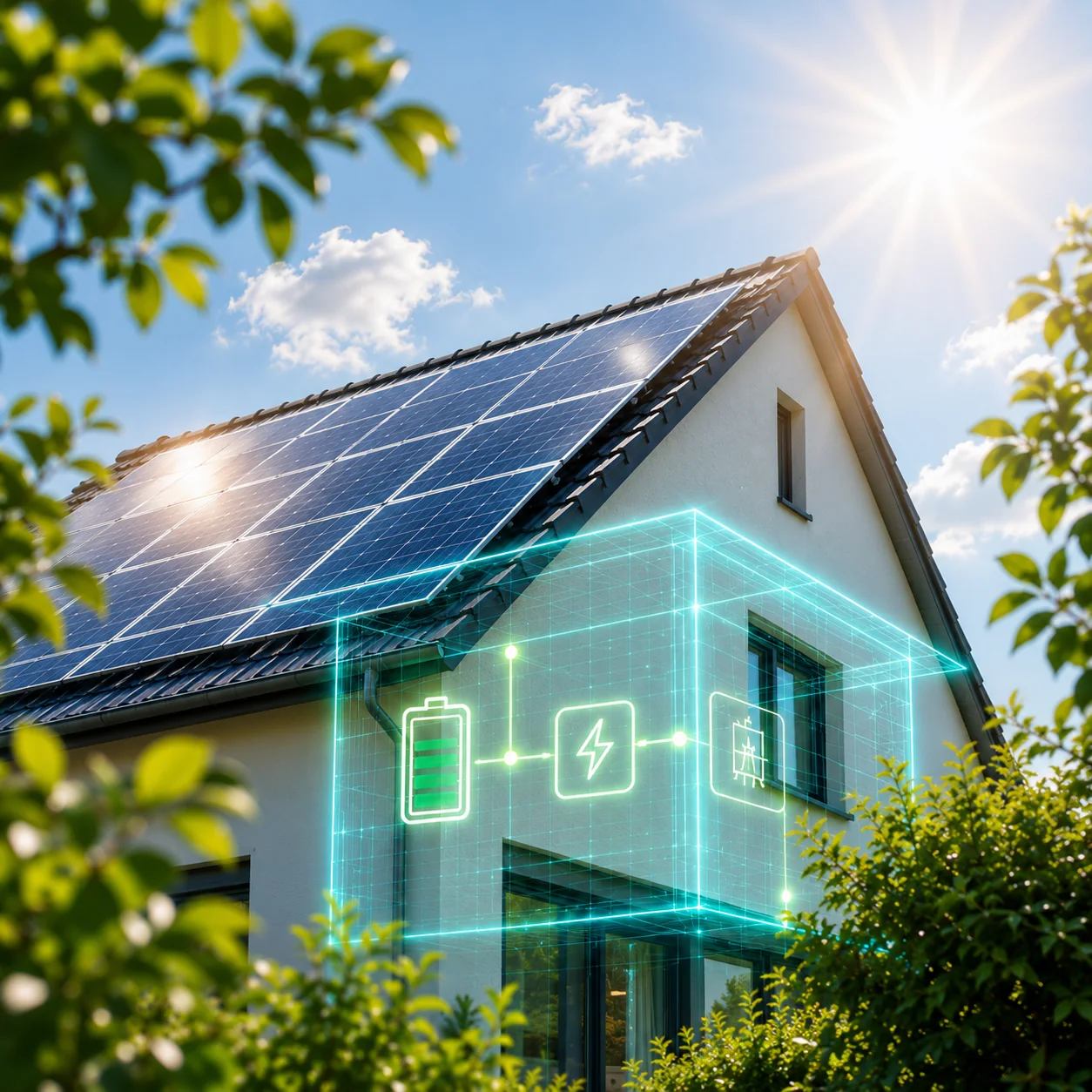 Haus mit Solardach und visualisiertem Energie- und Batteriesystem